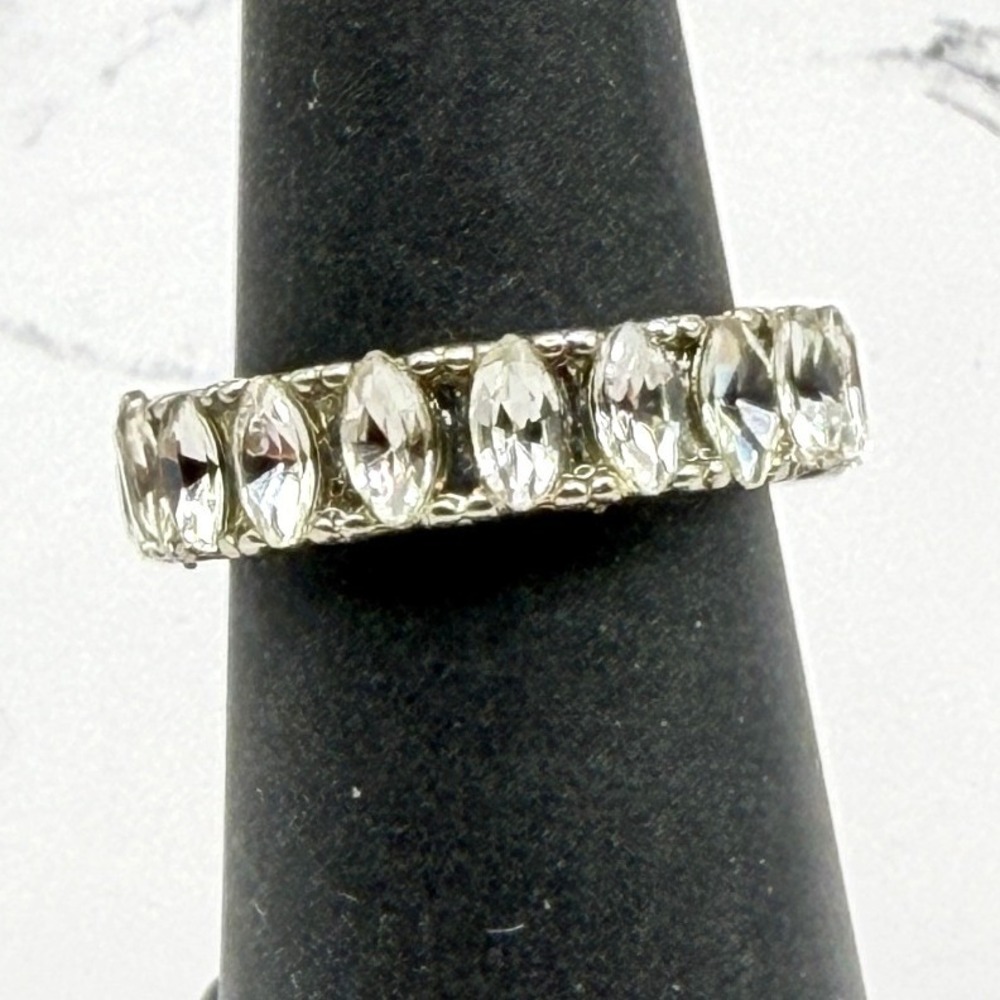 Silver Tone Marquise Cut Glass Eternity Ring Size 6 Sparkly Band Ring